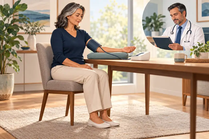 Adult correctly measuring blood pressure at home with an upper-arm cuff while a physician reviews the record