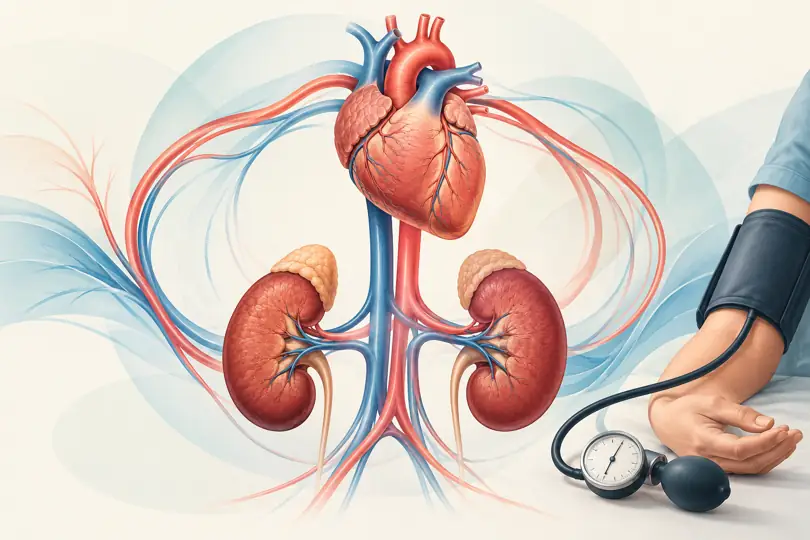 Educational illustration showing the close relationship among the heart, blood vessels, kidneys and blood pressure